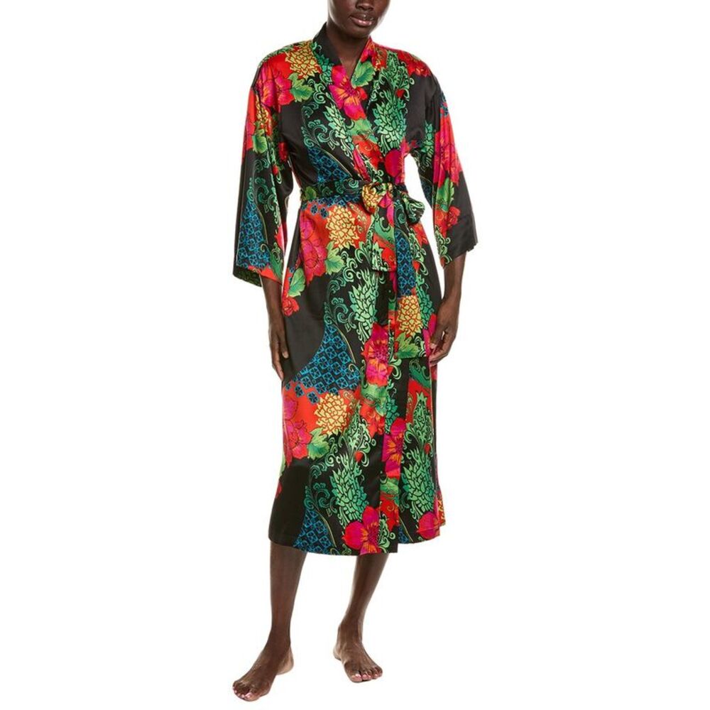 N Natori Womens Harvest Printed Satin Robe, Black
